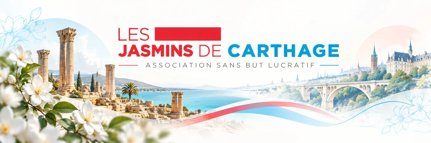 Les Jasmins de Carthage, association sans but lucratif : les ruines de Carthage et la ville de Luxembourg reliées par un ruban rouge et bleu, parmi des fleurs de jasmin.